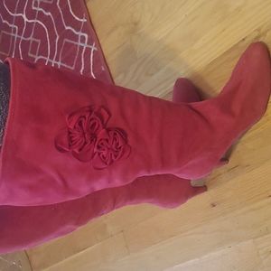 Red hot suede-look boots with flower decoration, size 10. Never worn.
